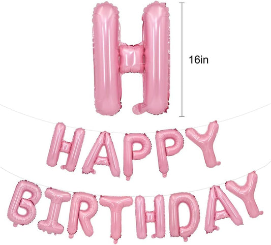 TONIFUL Light Pink Happy Birthday Balloons Banner, 16 Inch Mylar Foil Letters Birthday Sign Bunting Reusable for Girls Boys Kids & Adults Birthday Decorations and Party Supplies