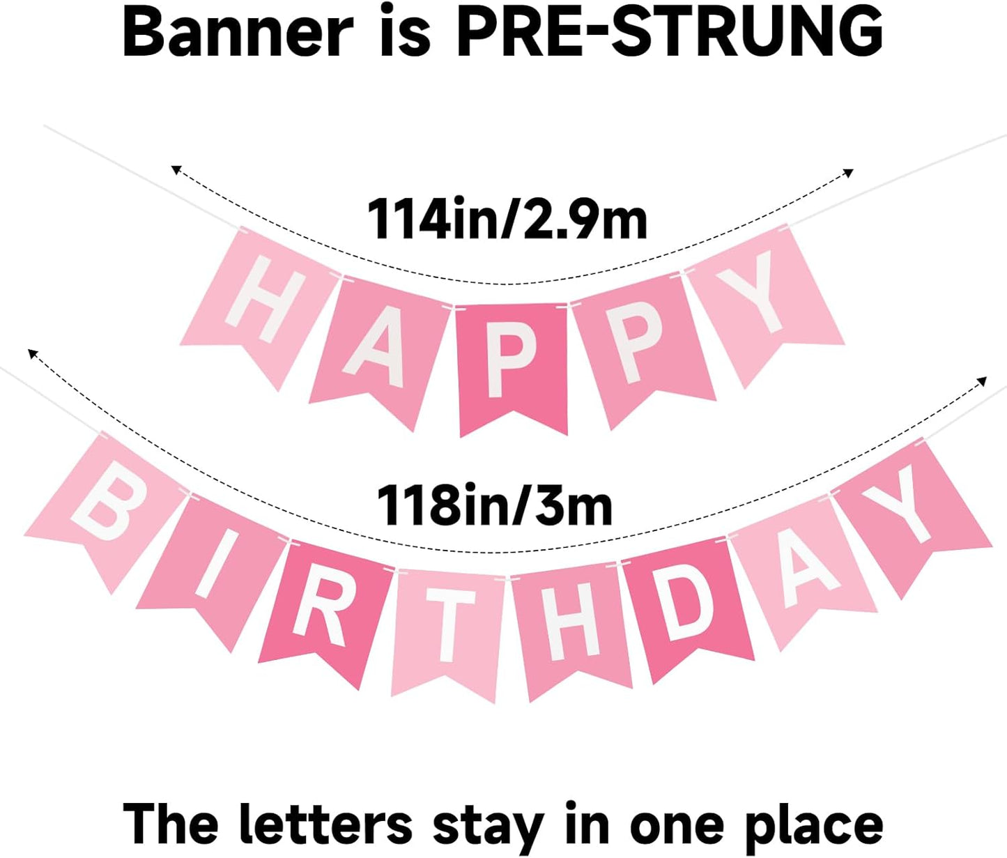 Pink Happy Birthday Banner Birthday Party Banner NO DIY Happy Birthday Sign Pre-Strung Birthday Hanging Decoration for Women Men Girl Boy Party Supplies (Pink)