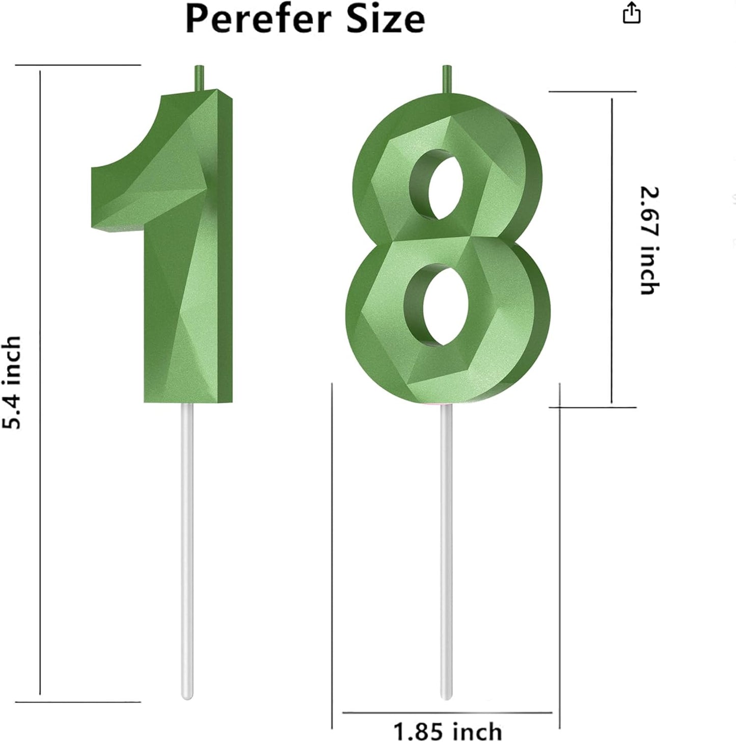 Number Birthday Candles(18 Candle Green) 3D Diamond Shape Number Happy Birthday Cake Candles for Birthday Party Wedding Decoration Reunions Theme Party