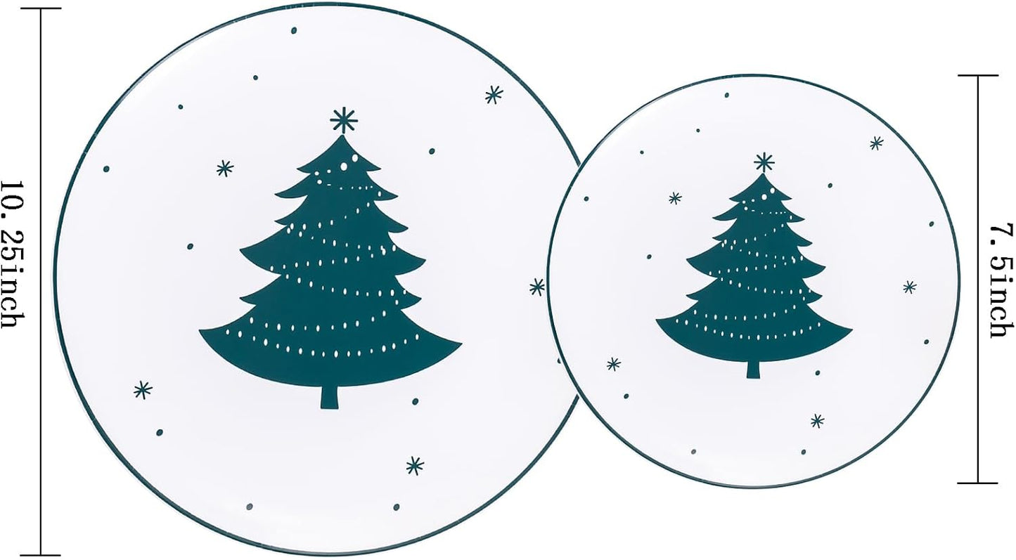 WDF 50 Pieces Christmas Plastic Plates - White Plastic Plates with Christmas Tree - Heavy Duty White and Green Disposable Plates for Christmas