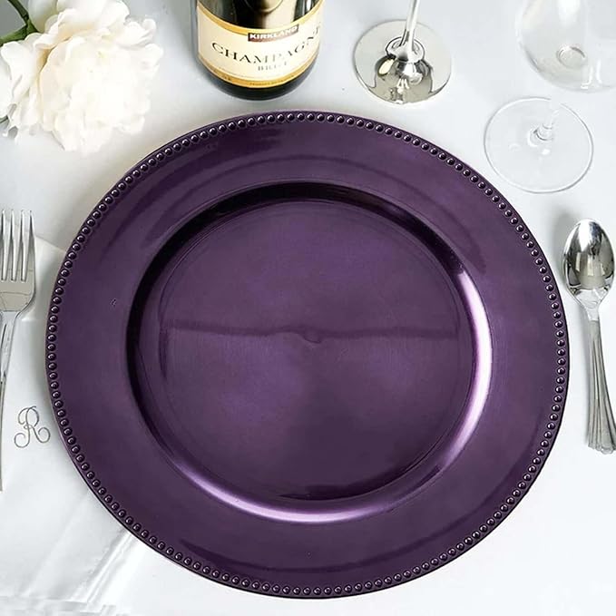 Efavormart 6 pcs 13" Purple Beaded Round Charger Plates for Tabletop Decor Holiday Wedding Catering Event Decoration