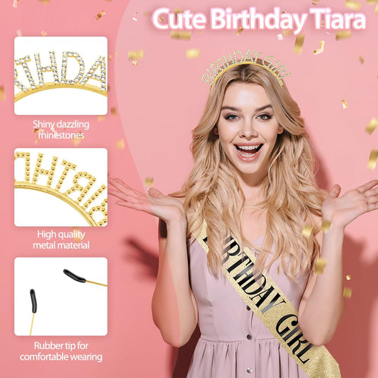 Birthday Sash Birthday Crown for Women, Birthday Girl Sash, Birthday Girl Crown, Glitter Gold Birthday Sash and Crown Rhinestone Headband Set, Happy Birthday Girl Princess Tiara Sash Accessories
