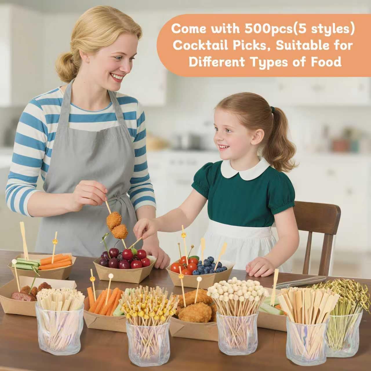 500PCS Cocktail Picks, 4.7" Eco-friendly Natural Bamboo Ball Food Picks, Fancy Toothpicks for Appetizers, Drinks Party Fruit, Bamboo Gold Ball Food Sticks Charcuterie Boards Accessories