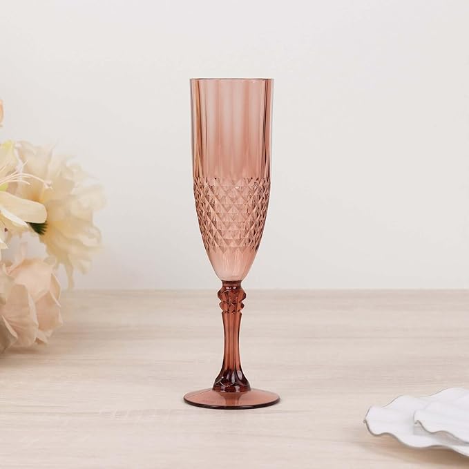 Efavormart 6-Pack Champagne Glasses, 8oz Shatterproof Plastic Crystal Cut Toast Flutes, Dusty Rose for Party Celebration Wedding