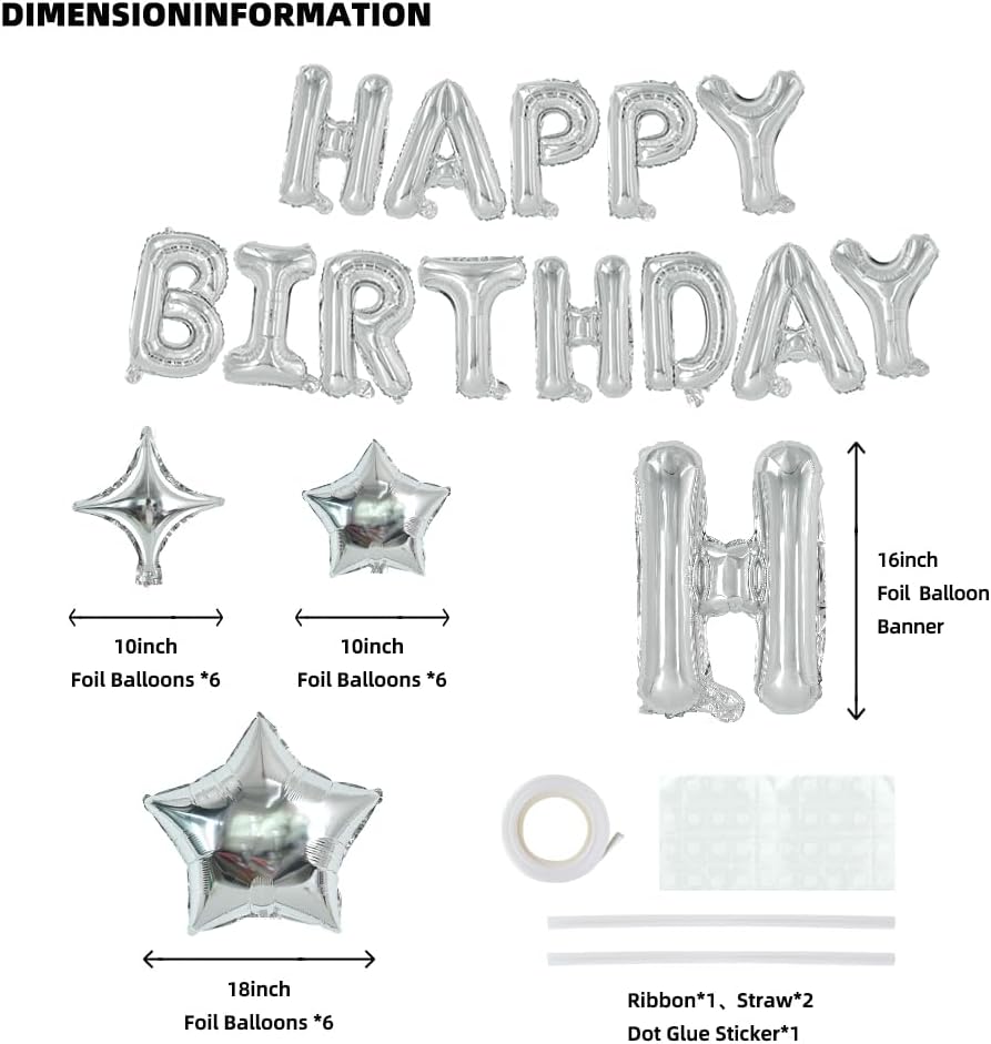 TONIFUL 35PCS Silver Happy Birthday Decorations 16 Inch Happy Birthday Balloon Banner with Star Balloons Mylar Foil Birthday Party Decorations Supplies for Men Women Adults Girls Boys Kids