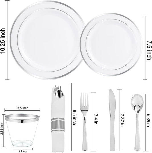 WELLIFE 210 Piece Silver Plastic Dinnerware Set for 30 Guests, Plastic Plates for Party, Include: 30 Dinner Plates, 30 Dessert Plates, 30 Pre Rolled Napkins with Silver Silverware and 30 Silver Cups