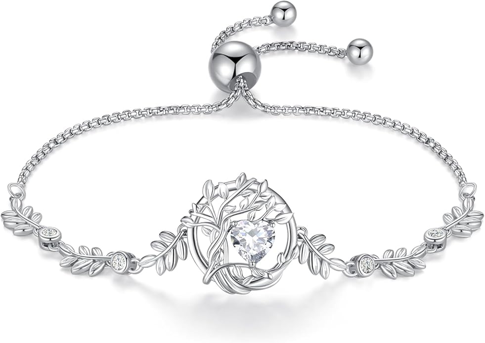 FANCIME Valentines Day Gift Tree of life Birthstone Bracelet for Women Sterling Silver Tree Jewelry Birthstone Charm Bracelet Gemstone Anniversary Birthday Gifts for Wife Mom Her