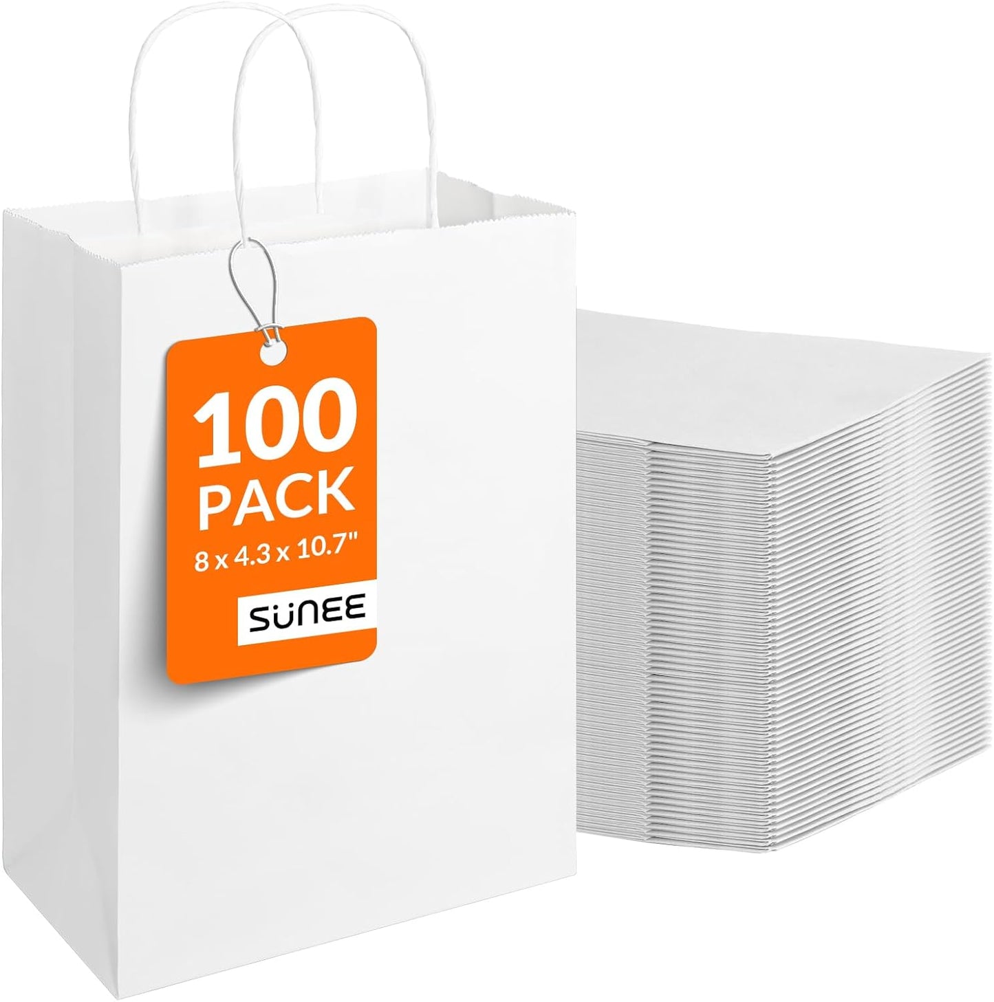 SUNEE Gift Bags with Handles 8x4.3x10.7, 100 Pcs Paper Bags Medium Size Bulk for Gift Wrapping, Retail, Party Favors and Small Business - White