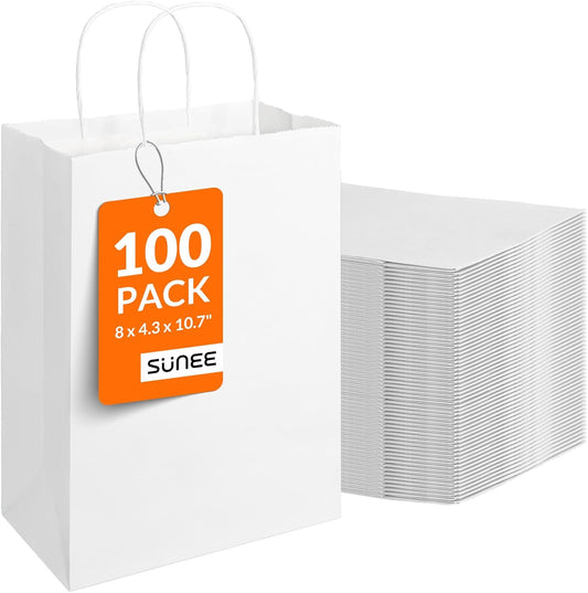 SUNEE Gift Bags with Handles 8x4.3x10.7, 100 Pcs Paper Bags Medium Size Bulk for Gift Wrapping, Retail, Party Favors and Small Business - White