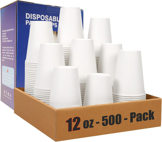 500 Pack 12 oz Disposable Paper Coffee Cups, 12 oz White Paper Cups Bulk for Hot & Cold Beverages, Ideal for Party, Office, Home, Travel and More
