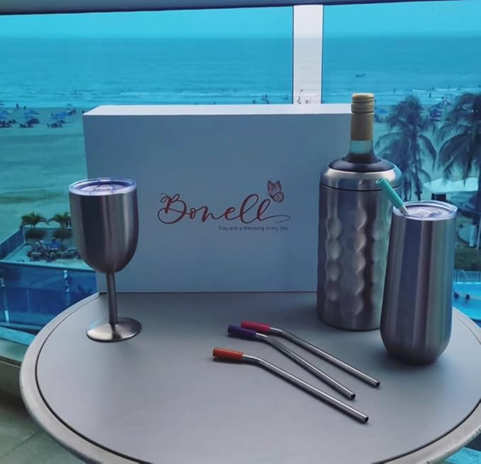 Champagne Bottle Chiller Gift Set- Portable Stainless Steel Sparkling Wine Cooler with 2 Champagne Flutes (Black)