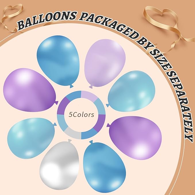 412pcs Blue Purple Balloon Garland Arch Kit, 18 12 10 5 inch Different Sizes Blue Purple Pearlescent Metallic Balloons for Princess Winter Wonderland Girl Baby Party Decorations