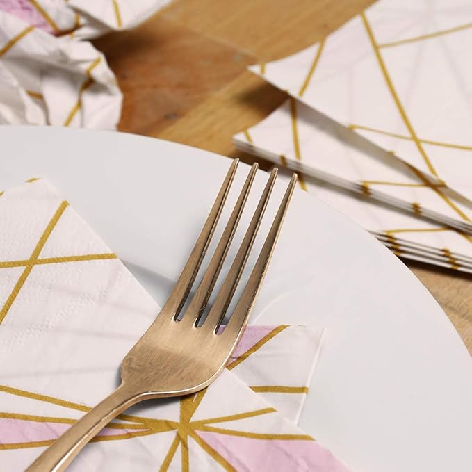 SOLAS Pink and Gold Paper Napkins | 20 Pack Light Pink Cocktail Napkins | 2 Ply 6 1/2' (16.5 cm) Square Beautifully Designed Pink Paper Napkins for Parties | Fun & Colorful Paper Napkins Light Pink