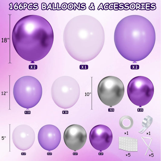 Purple and Silver Balloon Garland Arch Kit, 166Pcs Purple Metallic Pastel Lavender Maca Lilac Violet Gold Chrome Balloons for Birthday Wedding Baby Shower Party Decoration