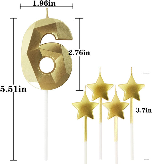 Golden Number 6 Birthday Candles and Star Birthday Candles 2.76 inch Birthday Cake Candles 3D Diamond Shaped Candles are Suitable for Birthday Parties and Anniversary Cake Decorations Candles(Gold 6)