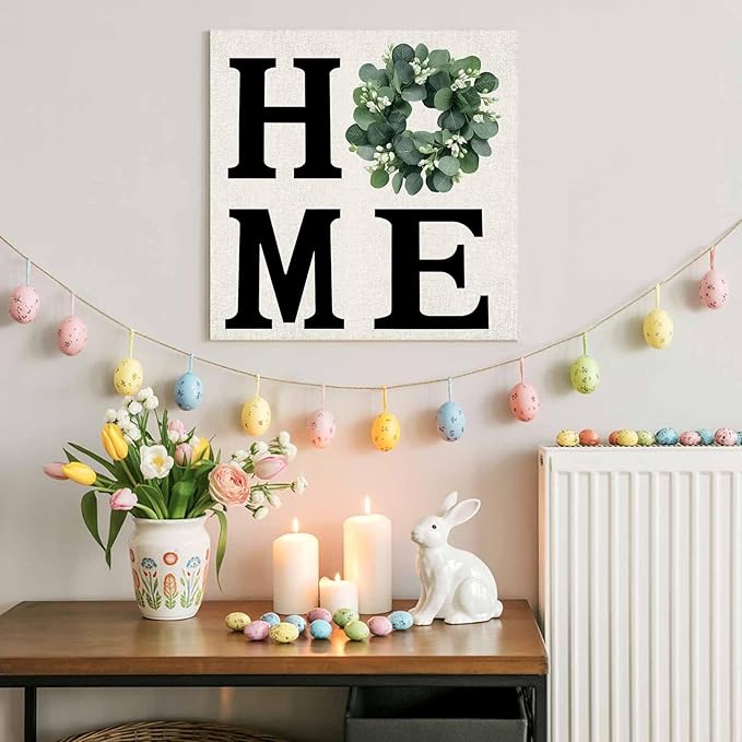 Canvas Artwork Painting Art, Home Green Eucalyptus Leaves Garland Square Framed Wall Decorations Prints Picture for Bedroom Kitchen Living Room, 24x24 in Retro Linen