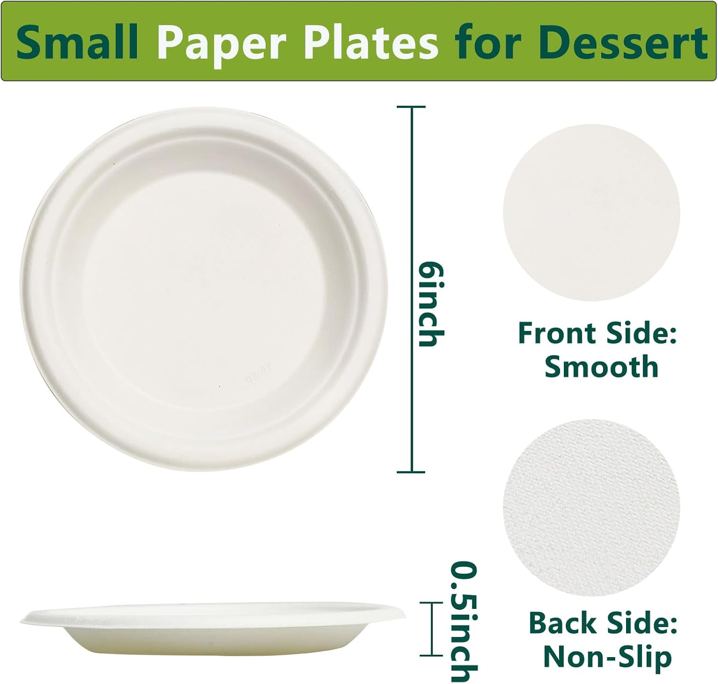 6 Inch Small Paper Plates, 300 Pack Disposable Compostable Dessert Plates Made from Sugarcane Fibers, Eco-Friendly, White