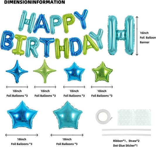 TONIFUL 35PCS Blue Green Happy Birthday Decorations Kit 16 Inch Happy Birthday Balloon Banner with Star Balloons Mylar Foil Birthday Party Decorations Supplies for Men Women Adults Girls Boys Kids