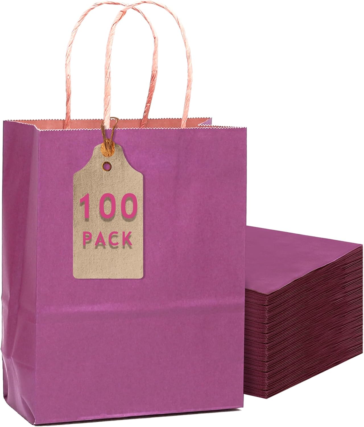 qiqee 100PCS Gift Bag with Handles Bulk Purple Paper Bags Multiple Uses (11"x5"x8" Medium Size)