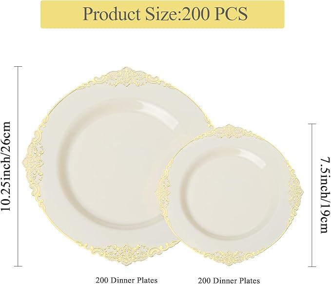 200 PCS Ivory and Gold Plastic Plates for 100 Guests, Gold Disposable Plates Include 100 PCS Dinner Plates, 100 PCS Dessert Plates for Party, Wedding and Graduation (200, Ivory White)