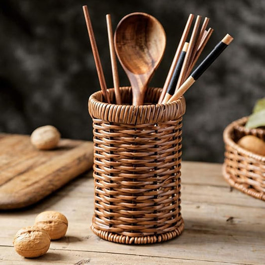 Cabilock Woven Cutlery Holder Utensil Organizer Basket for Kitchen Countertop Tabletop Storage 6.14X4.09X4.09 Inch Lightweight Portable Chopstick Tube for Dining Buffet Party