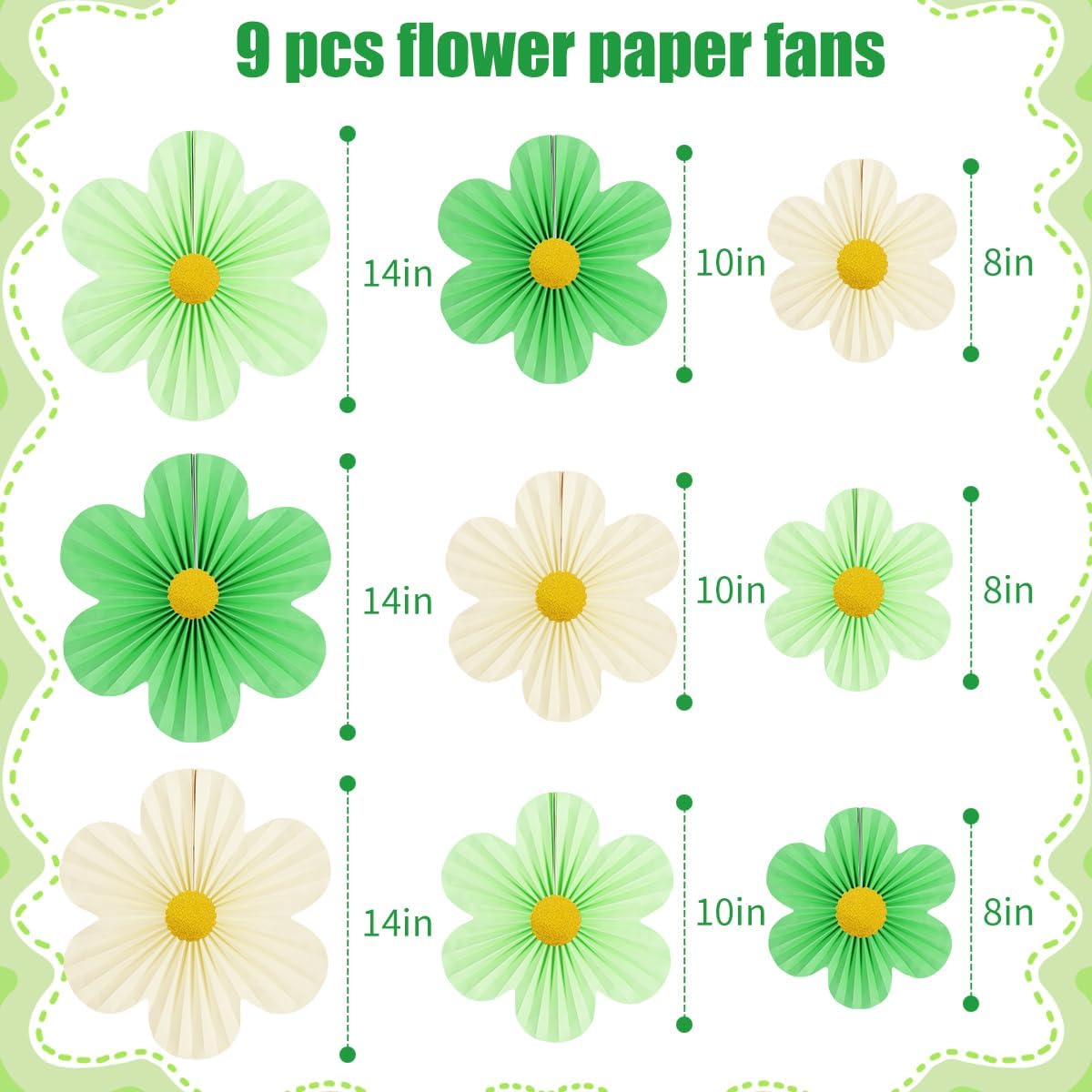 Green Party Decorations Paper Flowers Decorations for Wall Classroom Paper Fans Floral Backdrop Flower Wall Decor Pack of 9 Green
