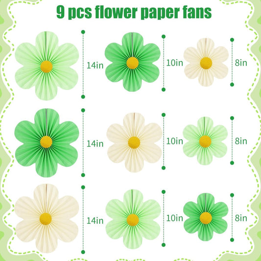 Green Party Decorations Paper Flowers Decorations for Wall Classroom Paper Fans Floral Backdrop Flower Wall Decor Pack of 9 Green
