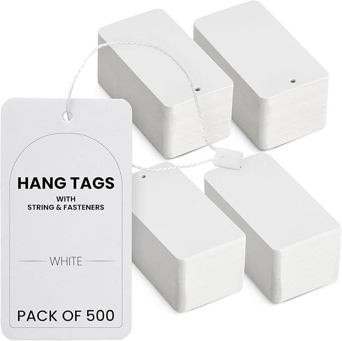 Blank Hang Tags with String & Fasteners – 2 x 3.5 in Cardstock Paper Tags for Labeling, Pricing, and Gifting, Perfect for Crafts, Retail, and Events – 500-Pack for Easy Organization