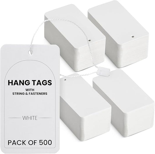 Blank Hang Tags with String & Fasteners – 2 x 3.5 in Cardstock Paper Tags for Labeling, Pricing, and Gifting, Perfect for Crafts, Retail, and Events – 500-Pack for Easy Organization