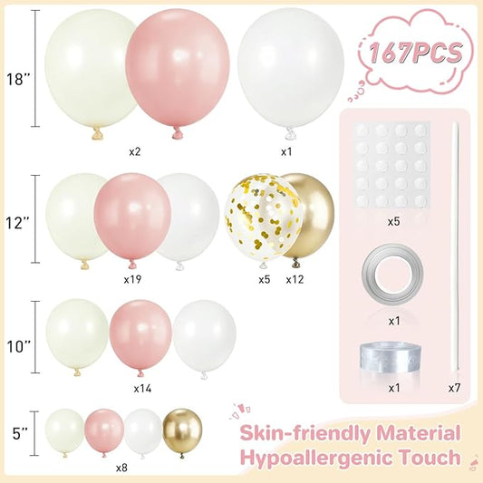 Pink White and Gold Balloon Garland Arch Kit, 167Pcs Latex Balloons Different Sizes Blush Ivory White Champagne Gold for Engagement Baby Shower Birthday Party Decorations