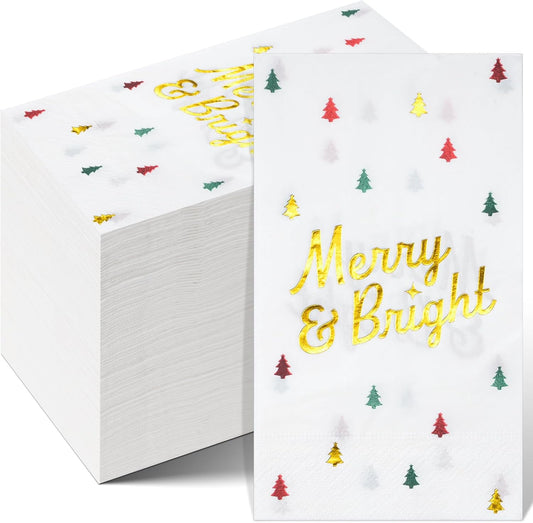100 Pcs Christmas Tree Paper Napkins Disposable, Merry Bright Red Green Gold Foil Cocktail Napkins, Xmas Holiday Party Guest Dinner Napkin Hand Towels for Christmas Winter Party Supplies, 4.3x7.9 Inch