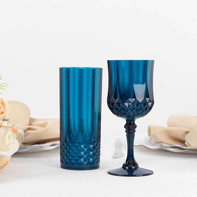 Efavormart 6-Pack Plastic Highball Glasses, 14oz Shatterproof Crystal Cut Drink Glasses for Kitchen Mojito Whiskey Cocktail, Navy Blue