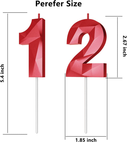 Number Birthday Candles(12 Candle Red) 3D Diamond Shape Number Happy Birthday Cake Candles for Birthday Party Wedding Decoration Reunions Theme Party