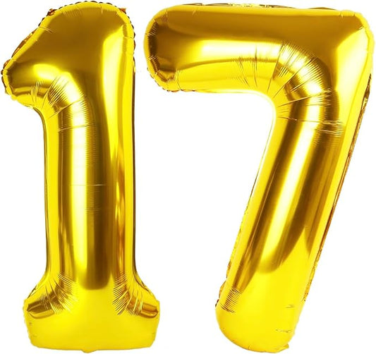 Gold Number 17 Balloon 40 inch, 17 Number Balloons, 17th Gold Birthday Decorations, 17 Year Old Girls Boys Golden Party Supplies