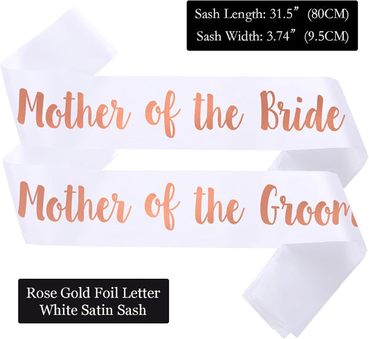 2 PACK Mother of the Bride and Groom Sashes, White Sash with Rose Letters Bachelorette Sashes for Mother Bridal Shower Supplies Wedding Accessories
