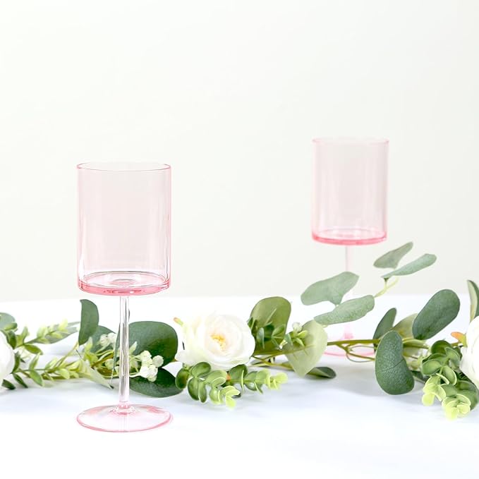 Efavormart 6-Pack Transparent Blush Plastic Cylindrical Wine Glasses 10oz, Long Stem - Shatterproof Reusable Cocktail Glasses