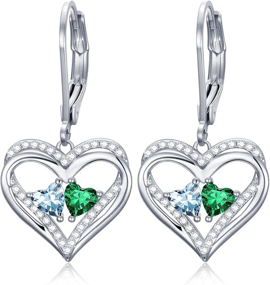 Valentines Day Gifts for Women, Heart Leverback Earrings Double Birthstone Dangle Earrings for Women, Love Jewelry for Her, Anniversary Birthday Gift for Mom Wife Girlfriend