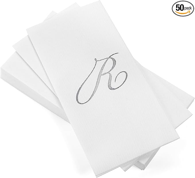 AMERICAN HOMESTEAD Disposable Hand Towels - Silver Foil Monogrammed Guest Napkins - Linen-Like Bathroom Paper Towels for Guests - Perfect Wedding and Party Napkins - 50 Count (Silver R)