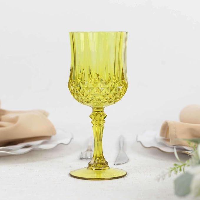 Efavormart 6 Pack Green Crystal Cut Reusable Plastic Wine Glasses, Shatterproof Cocktail Goblets 8oz