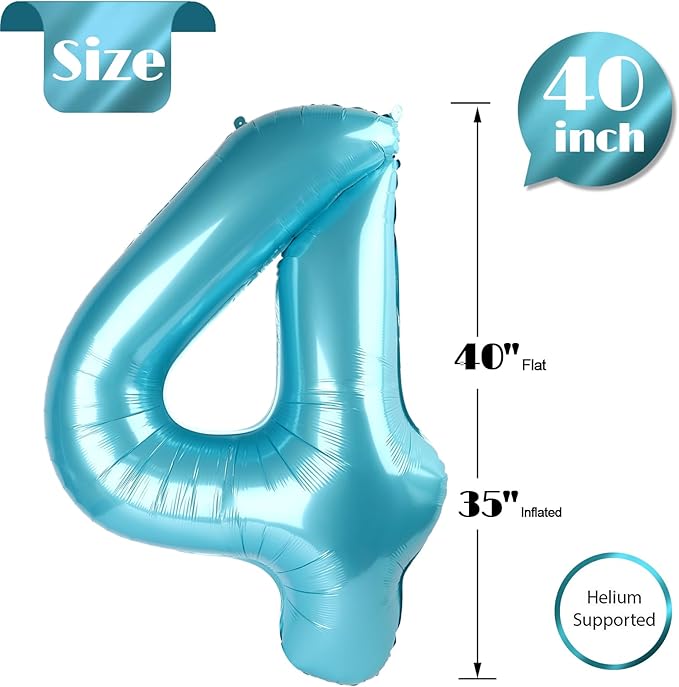 Pearlescent Blue 4 Balloon, Number Balloons 40 Inch, 4th Birthday Decorations for Girls Boys, Four Large Numbers for Party Decor, Number 4 Balloon