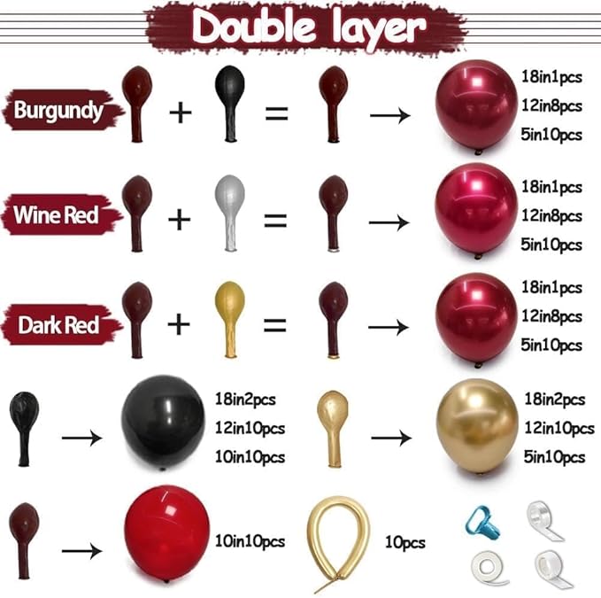 Burgundy Black Balloon Arch Double Stuffed Dark Ruby Red Gold Maroon Black Balloon Garland Kit for Birthday Wedding Bridal Shower Mothers Day Graduation Engagement Cherry Anniversary Party Decor