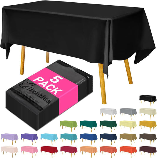 Disposable Plastic Tablecloth Black 54x108 Inch, 5-Pack Waterproof Rectangular Table Cover for Parties, Picnics, Dining Protection