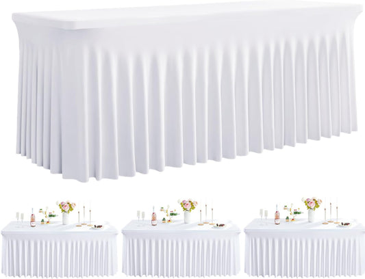 Outpain White Spandex Table Clothes for 6 Foot Rectangle Tables-3Pack 6FT Spandex Fitted Table Cover, Wrinkle Free Tablecloths with Skirt for Parties, Wedding, Birthday, Banquet, Festival