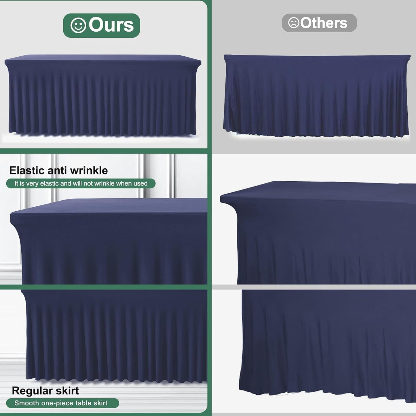 Table Skirt for 4 Foot Tables - 2 Pack One-Piece Navy Blue Tablecloths and Skirt, Wrinkle Resistant Ruffles Elastic Cover for Banquets, Weddings, Events, Parties