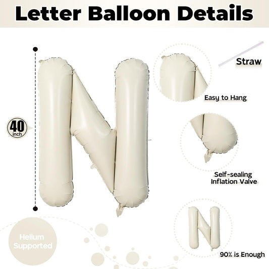 40 Inch Beige One Balloons for 1st Birthday, Cream White Sand One Balloon Letters with Ribbon, Neutral Ivory Alphabet One Balloon for Boys Girls First Birthday 1 Year Old Baby Shower Party Decorations