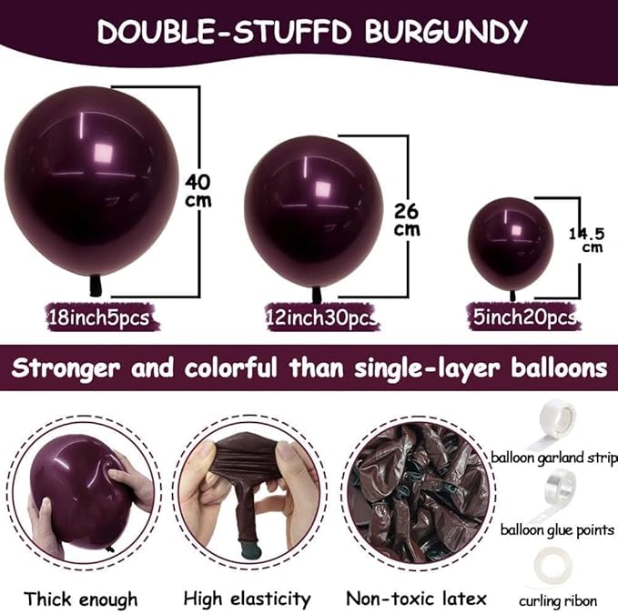 Burgundy Balloons Double Stuffed Dark Purple Plum Mauve Balloon Garland Maroon Magenta Latex Balloons for Birthday Bridal Shower Wedding Anniversary Mother's Day Party Decorations