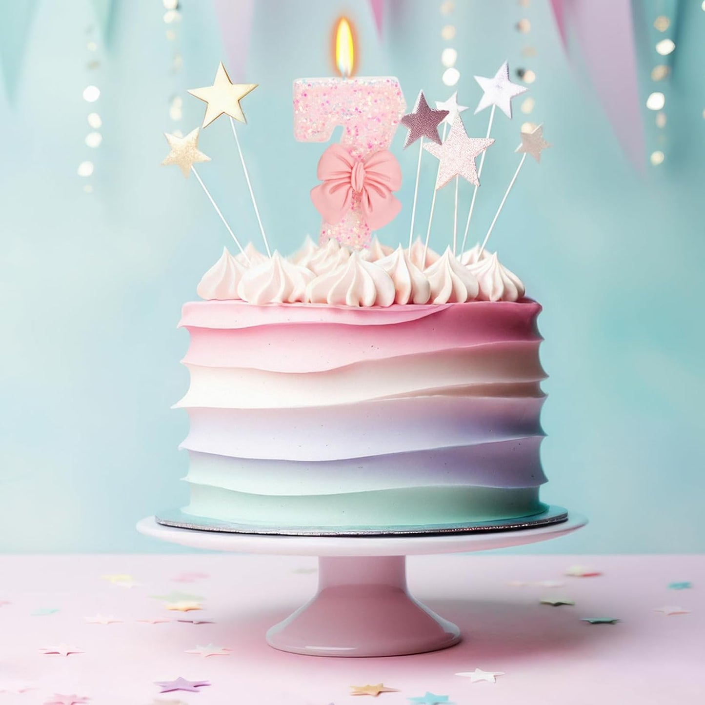Birthday Candle for Cake, 7 Candle - Pink Glitter with Bowknot, 2.76 inch Happy Birthday Candle, Cake Topper Decoration for 7 Years Old Birthday Party (Number 7)