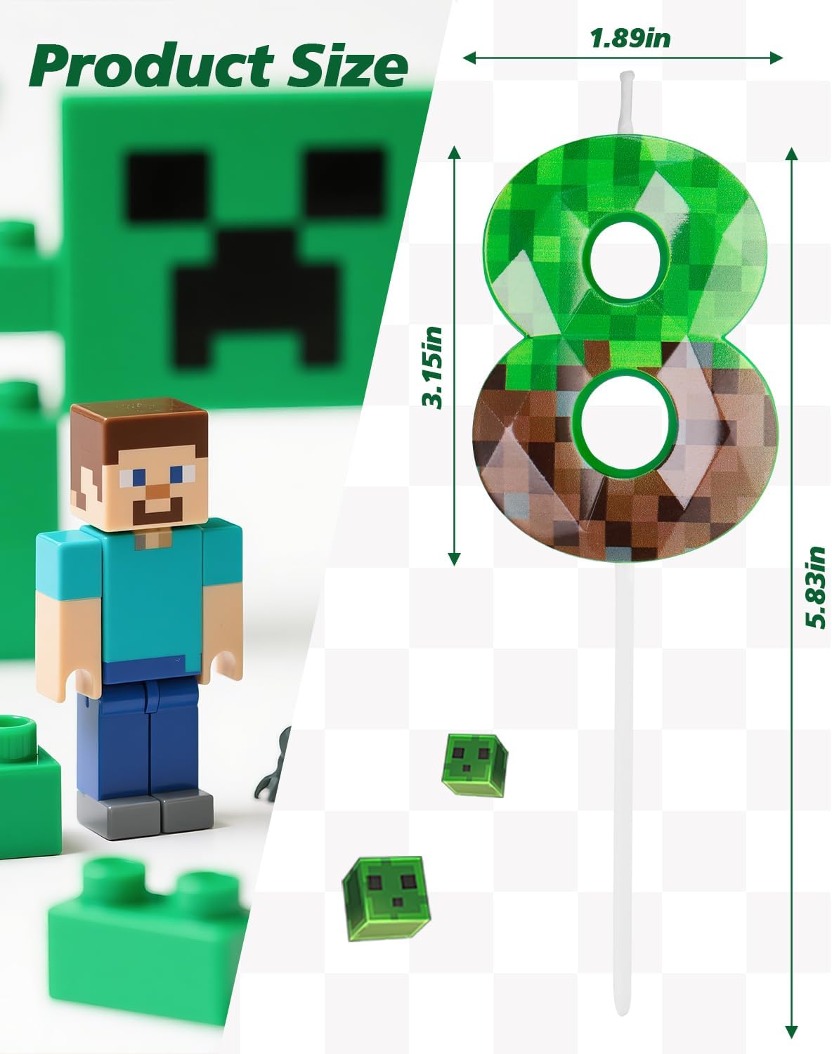 Pixel Birthday Candle, 2.68 Inch Miner Number Candles, Game Themed Candle Birthday Decoration for Pixel Theme Birthday Anniversary Dynamite Video Game Party (Green, 8)