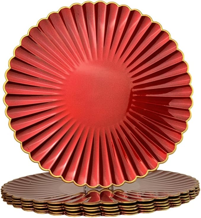 Red Charger Plates, 13 Inch Plastic Round Dinner Charger Plates for Wedding Party, Tabletop Decor. (Set of 6)