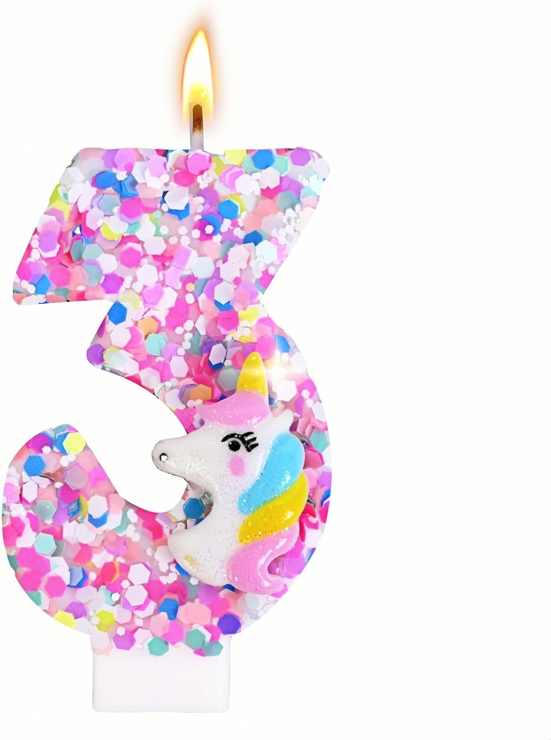 Unicorn Number Birthday Candles Decoration, Unicorn Themed Birthday Party Supplies, Glitter Sequin Birthday Cake Topper for Boy Girl Kids (Number 3)